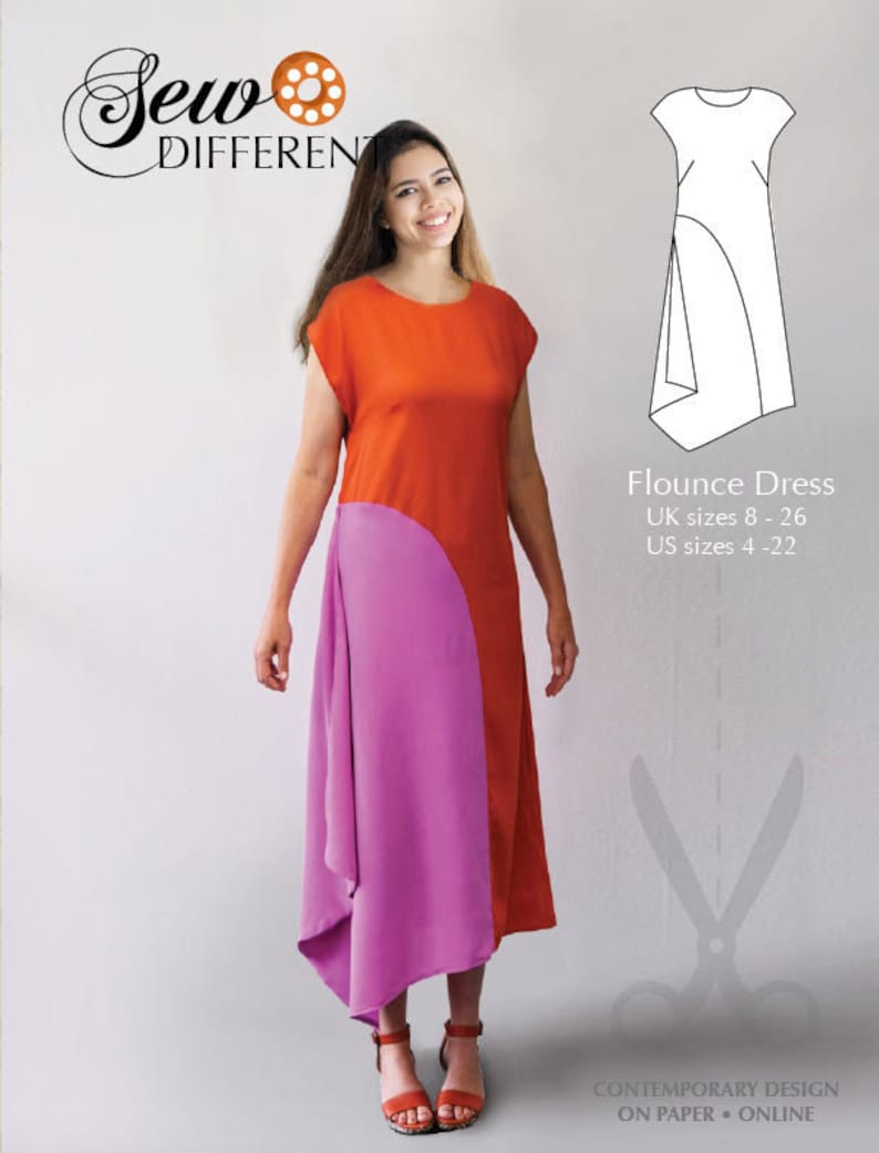 May include: A woman wearing a two-toned dress with a flounce hem. The dress is orange and pink. The dress is a sewing pattern for sizes UK 8-26 and US 4-22. The text "Flounce Dress" is on the image. The text "Sew Different" is in the top left corner of the image.