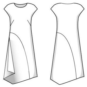 May include: A white dress with a short sleeve and a high-low hemline. The dress has a curved seam on the front and a side slit.