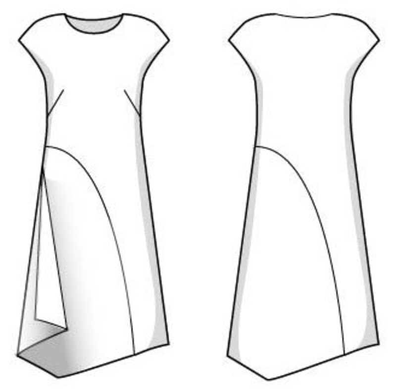 May include: A white dress with a short sleeve and a high-low hemline. The dress has a curved seam on the front and a side slit.