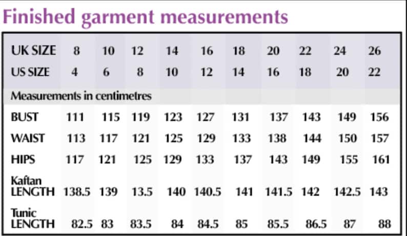 May include: A chart showing finished garment measurements in centimetres for different UK and US sizes. The chart includes measurements for bust, waist, hips, kaftan length, and tunic length.