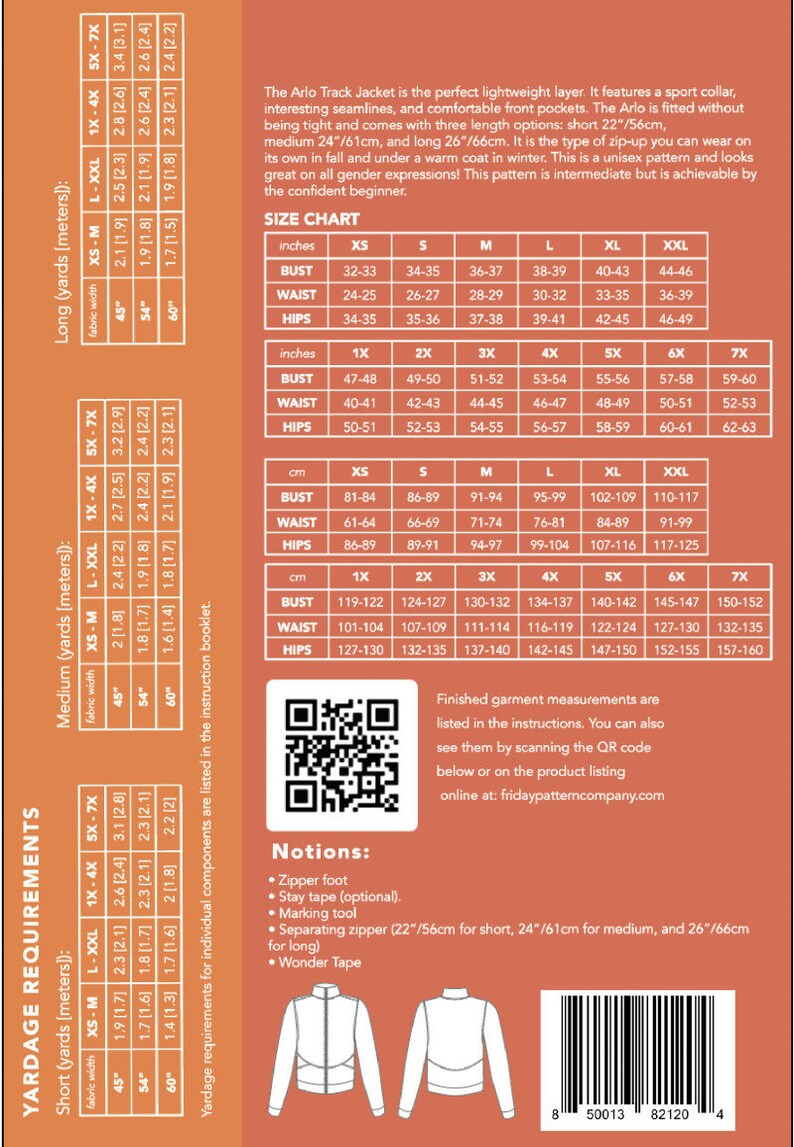 Puede incluir: Un patr&oacute;n de costura para una chaqueta ligera con cuello deportivo, bolsillos delanteros y tres opciones de longitud: corta (56 cm), mediana (61 cm) y larga (66 cm). El patr&oacute;n incluye una tabla de tallas en pulgadas y cent&iacute;metros, los requisitos de yardas y una lista de nociones.
