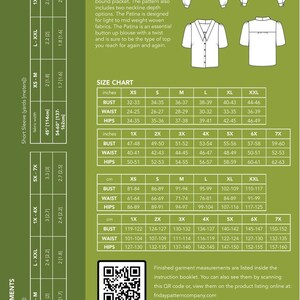 May include: A sewing pattern for a collared, v-neck blouse with short or long sleeves. The pattern includes size charts in inches and centimetres, yardage requirements, and notions. The pattern is for light to mid-weight woven fabrics.