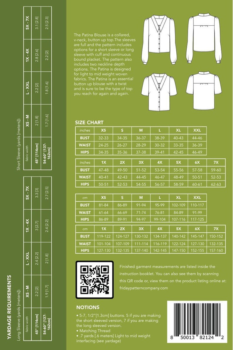 May include: A sewing pattern for a collared, v-neck blouse with short or long sleeves. The pattern includes size charts in inches and centimetres, yardage requirements, and notions. The pattern is for light to mid-weight woven fabrics.