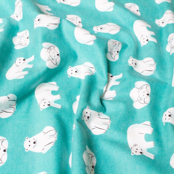 130 cm Piece Cloud 9 Organic Brushed Cotton Fabric 'Polar Bears' in Dark Turquoise