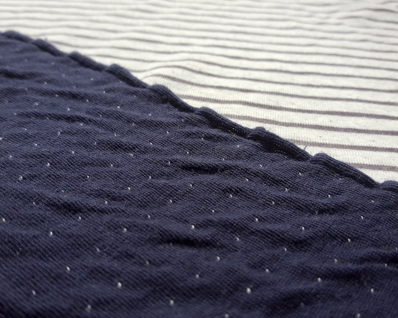 May include: Close-up of a navy blue fabric with white polka dots. The fabric is textured and has a slightly rough feel.