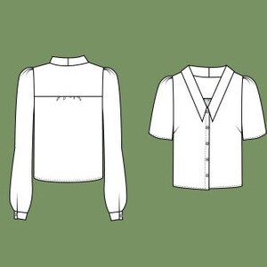 May include: Four different views of a white button-up blouse with a collar and long sleeves. The blouse has a gathered detail at the shoulders.