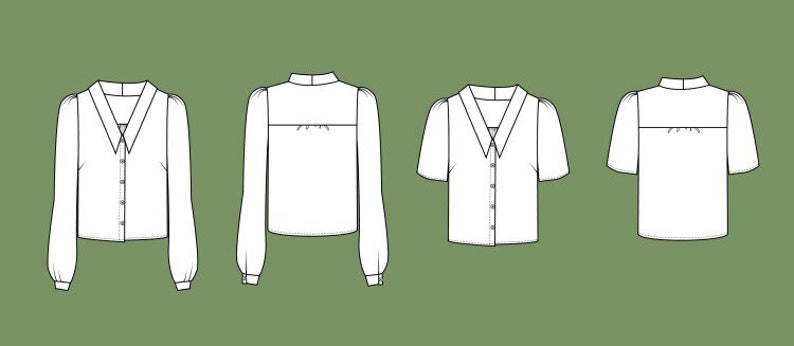 May include: Four different views of a white button-up blouse with a collar and long sleeves. The blouse has a gathered detail at the shoulders.