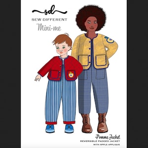 May include: Illustration of two figures wearing matching outfits. The child wears a red quilted jacket with an apple applique, blue striped pants, and blue shoes. The adult wears a yellow jacket, blue plaid pants, and brown boots. Text reads "Sew Different Mini-me".