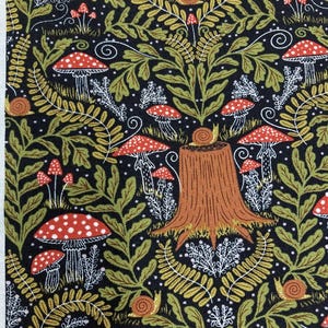 May include: A fabric pattern with a repeating design of red and white spotted mushrooms, green leaves, and snails on a black background. The design includes a tree stump and white accents, creating a whimsical forest theme.