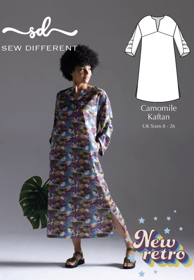 May include: A woman wearing a long, blue and purple floral print kaftan with a side slit. The kaftan has a V-neck and long sleeves. The text "New retro" is in the lower right corner of the image. The text "Camomile Kaftan UK Sizes 8 - 26" is in the lower right corner of the image.