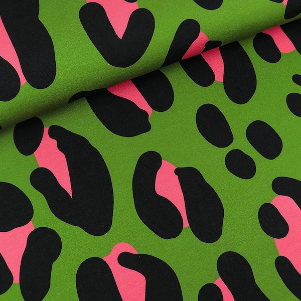 50cm Piece Organic Cotton Jersey Knit With Large Scale Leopard Print in Green and Pink