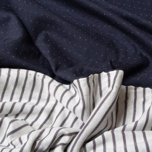 May include: A fabric with a navy blue polka dot pattern on the top half and a white and gray striped pattern on the bottom half.