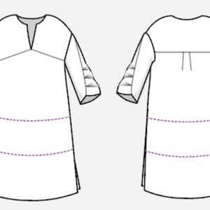 May include: A white tunic with three-quarter sleeves and a V-neckline. The tunic has a gathered detail at the back and three horizontal lines of stitching at the bottom.