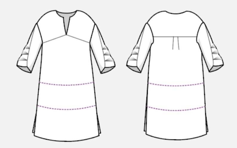 May include: A white tunic with three-quarter sleeves and a V-neckline. The tunic has a gathered detail at the back and three horizontal lines of stitching at the bottom.