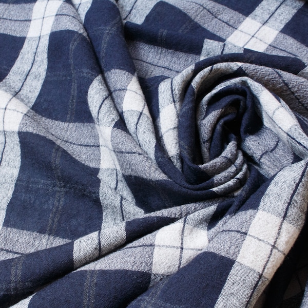 French Designer Deadstock: Pure Lightweight Wool Fabric with Blue and Grey Checks