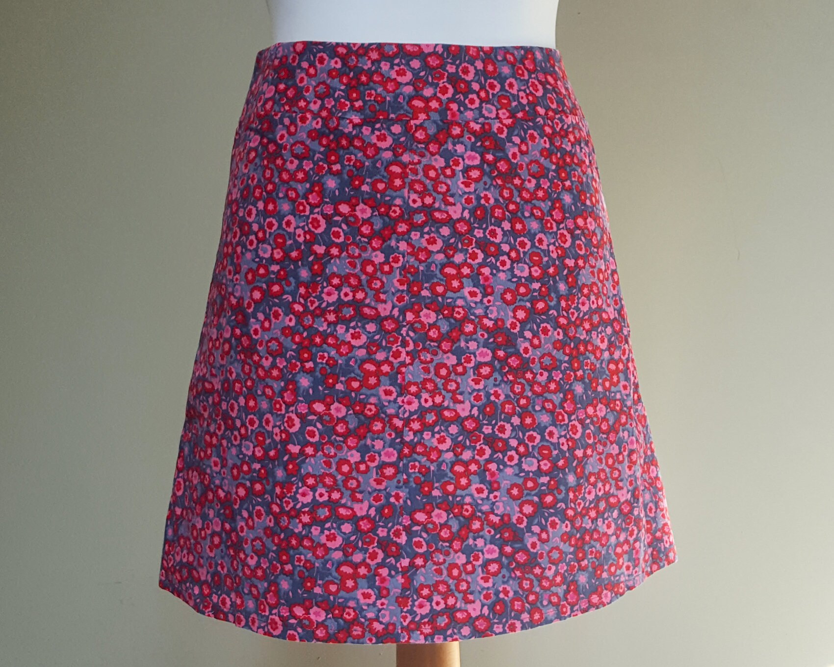 Image of A-Line Skirt Size -- in Ditsy Floral Cotton Corduroy Cerise Pink, Red & Grey
