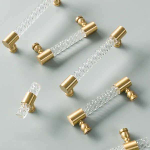 Brass Acrylic Twisted Handles Knobs Drawer Pull  Knobs Clear Dresser Pull Handles Kitchen Cabinet Door Handles Knobs Furniture Hardware