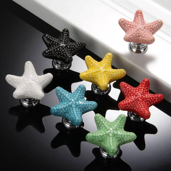 Colorful  Sea Starfish Knobs Pull Kitchen Cabinet Knobs Handle Dresser Knobs Handle Drawer Pull Knob Ceramic Door Handle Furniture Hardware