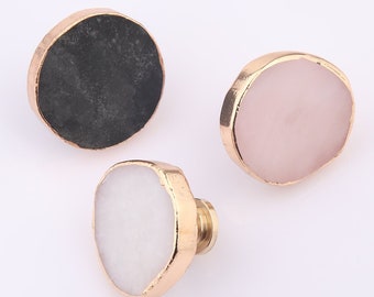 Brass Base Natural Crystal /Ore Knobs Pull Gold Edged Dresser Knobs Handles Drawer Knobs Pulls Pink/ White/Black Kitchen Cabinet Knob Handle