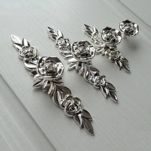 Bright Silver Rose Flower Dresser Pull Handles Drawer Knobs Pull Handle Back Plate Cabinet Door Handles Knobs  Zinc Alloy Furniture Hardware