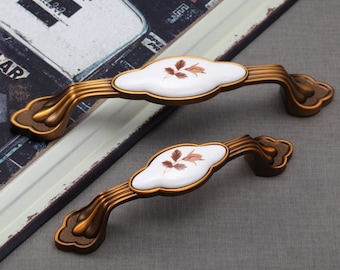 Coffee Brass Handle Tree Leaf Pattern Ceramic Pull Zinc Alloy Handle Retro Pastoral Style Pull Bookcase Handle Dresser Handle Wardrobe Pulls