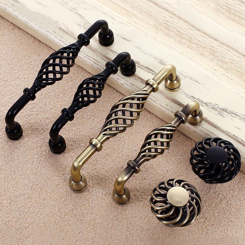 Antique Bronze Cabinet Pull Knob Kitchen Door Handles Dresser Drawer Black Bar Birdcage Knobs Pulls Hardware