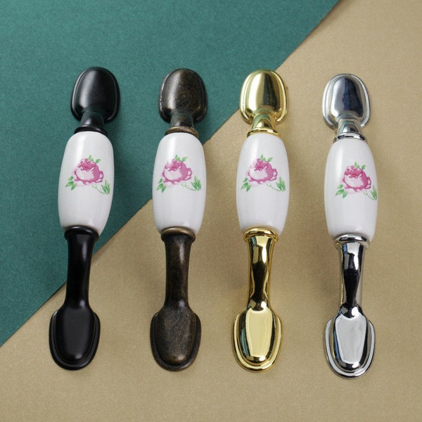 3" Pink Rose Ceramic Handle Pull Wardrobe Handle Knob Drawer Handle Pull  Bronze  Black Bright Gold/  Silver Handle Knob Furniture Hardware