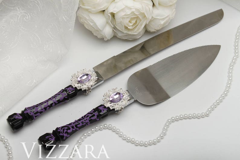 Wedding Cake Knives Sets Black Wedding Cake Cutting Set Purple Etsy