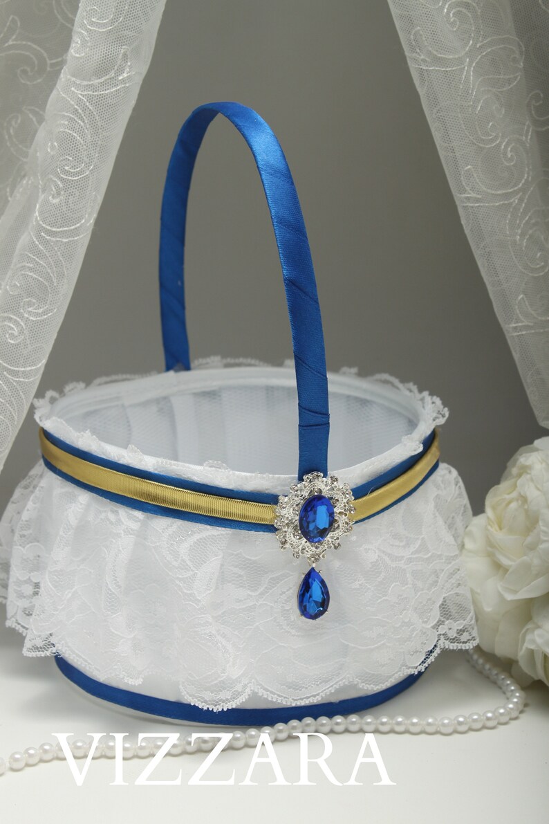 Flower Girls Basket Royal Blue Wedding Gold Flower Girl Basket Etsy