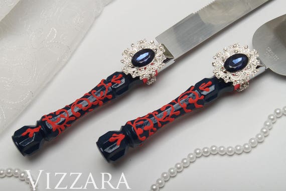 Wedding Cake Knife Set Navy Wedding Cake Cutter Set Coral And Etsy