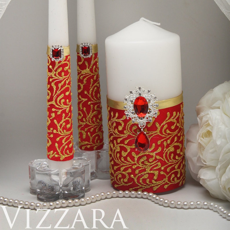 Unity Candles Set Red and Gold Wedding Cheap Unity Candles Etsy