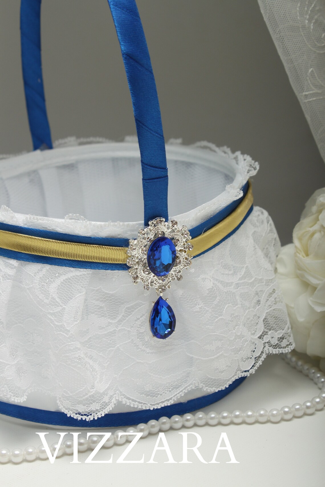 Flower Girls Basket Royal Blue Wedding Gold Flower Girl Basket Etsy
