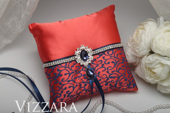 Ring Bearer Pillow Coral And Navy Wedding Burlap Ring Bearer Etsy
