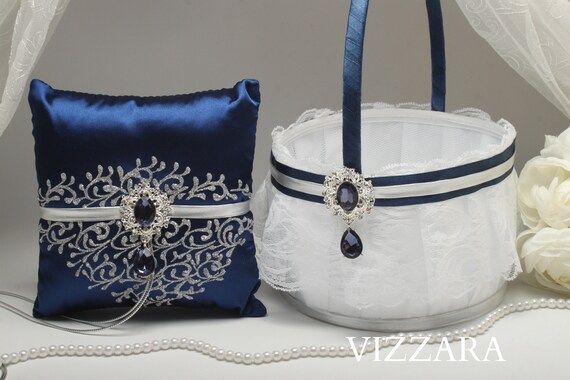 Flower Girl Basket And Ring Bearer Pillow Navy Blue Wedding Etsy