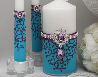 Unity candles set Turquoise wedding Wedding unity candle Turquoise and purple wedding Unity candle ideas Purple and turquoise wedding ideas