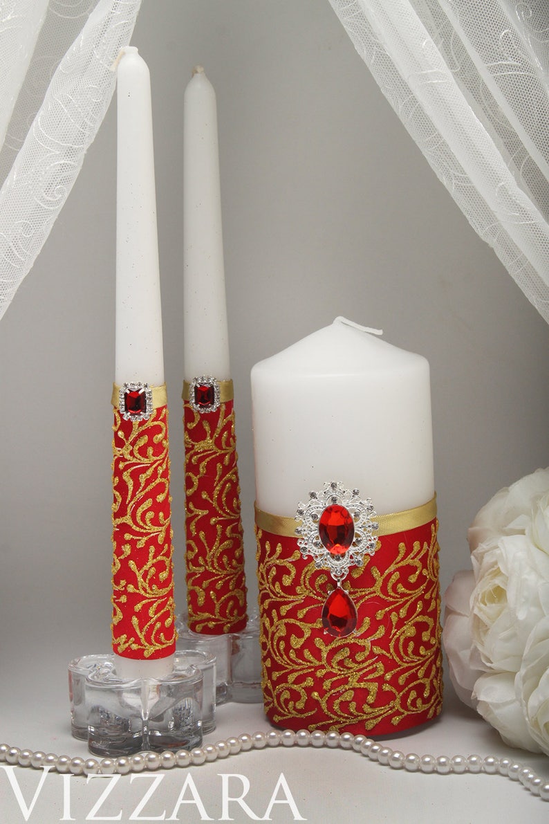 Unity Candles Set Red and Gold Wedding Cheap Unity Candles Etsy