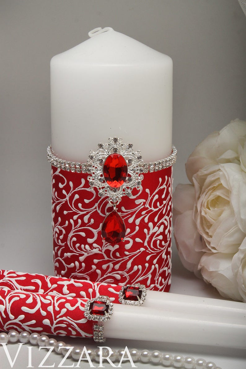 Unity Candle Set Red and White Wedding Family Unity Candle Red Etsy