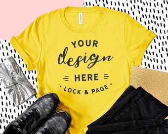 Download Free Yellow Bella Canvas 3001 T-Shirt Mockup Feminine Flat Lay, Trendy Patterned Abstract Background, Stylish Fashion Mockup, Shoes Purse PSD Template