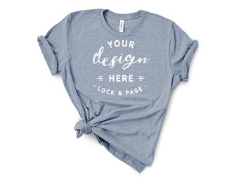 Download Free Basic T-Shirt Mockup Bella Canvas 3001 Heather Slate Flat Lay TShirt Mock Up Clean White Backdrop Background Simple Knotted T-Shirt Mockup PSD Template