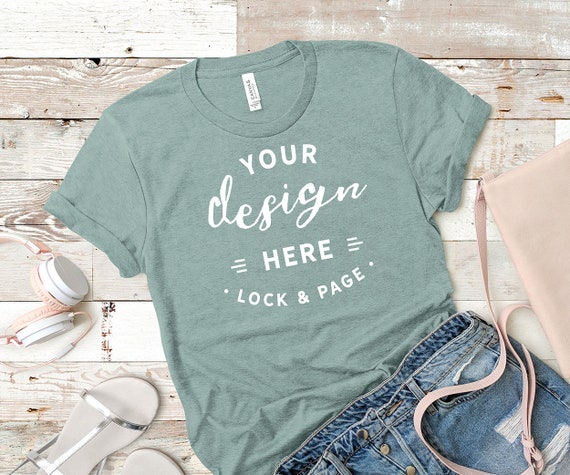 Heather Dusty Blue Bella Canvas 3001 Mockup T-Shirt Flat