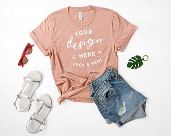 Download Free Heather Sunset Bella Canvas 3001 Mockup Unisex TShirt Flat Lay Denim Shorts Mockup Summer Fashion MockUp Cute Feminine Apparel Mockup PSD Template