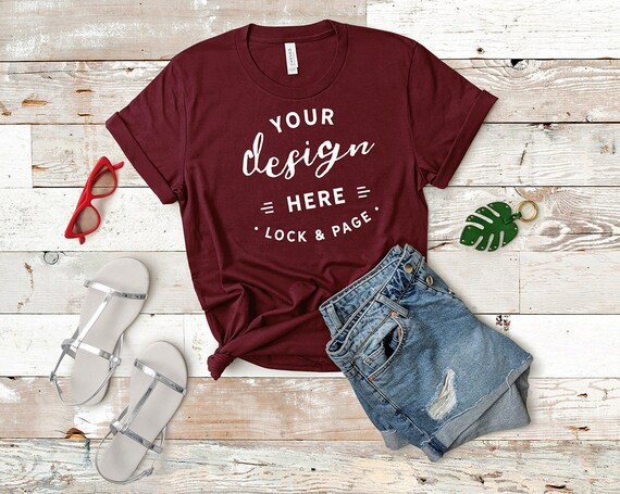 Bella Canvas Maroon 3001 Mockup T-Shirt Flat Lay Denim Bella Canvas Maroon 3001 Mockup T-Shirt Flat Lay Denim