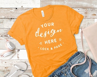 Download Orange Bella Canvas 3001 Mockup Tshirt Flat Lay Beach Wood Mockup Summer Fashion T Shirt Apparel Mock Up Cute Feminine Mockup Free Mockups Design Template PSD Mockup Templates