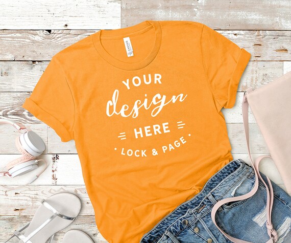 Orange Bella Canvas 3001 Mockup T-Shirt Flat Lay Beach Orange Bella Canvas 3001 Mockup T-Shirt Flat Lay Beach