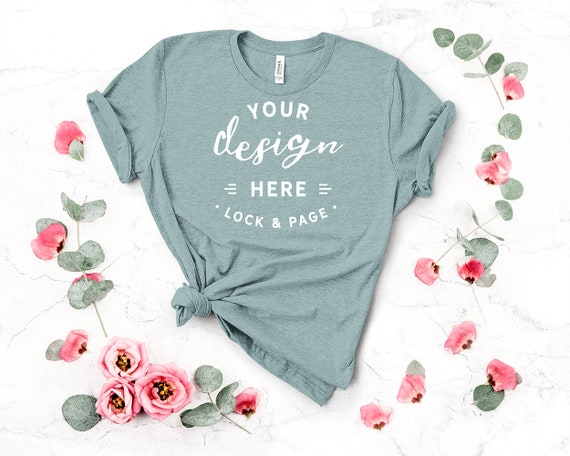 Heather Prism Dusty Blue Mockup Bella Canvas 3001 Floral