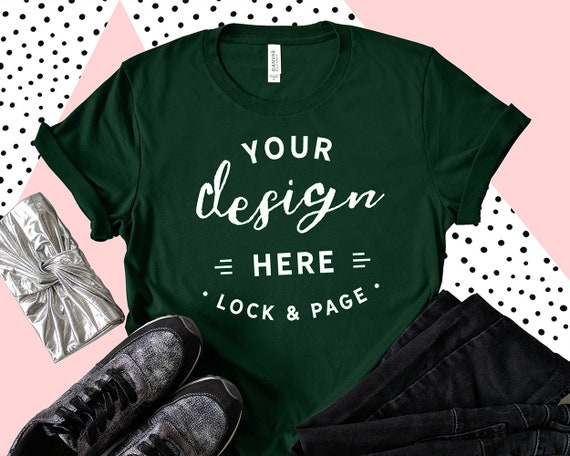 Forest Bella Canvas 3001 T-Shirt Mockup Feminine Flat Lay Forest Bella Canvas 3001 T-Shirt Mockup Feminine Flat Lay