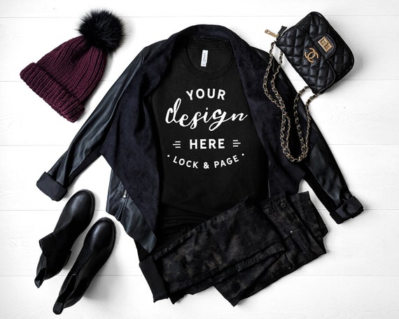 Black Bella Canvas 3001 Fall T-Shirt Mockup Autumn Autumnal