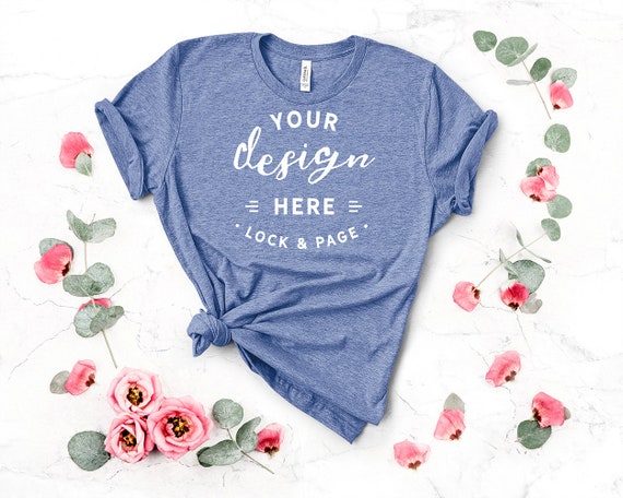 Heather Blue Mockup Bella Canvas 3001 Floral Feminine T-Shirt