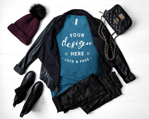 Deep Teal Fall T-Shirt Mockup Bella Canvas 3001 Autumn