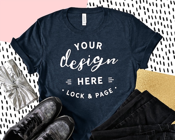 Heather Navy Bella Canvas 3001 T-Shirt Mockup Feminine Flat Heather Navy Bella Canvas 3001 T-Shirt Mockup Feminine Flat